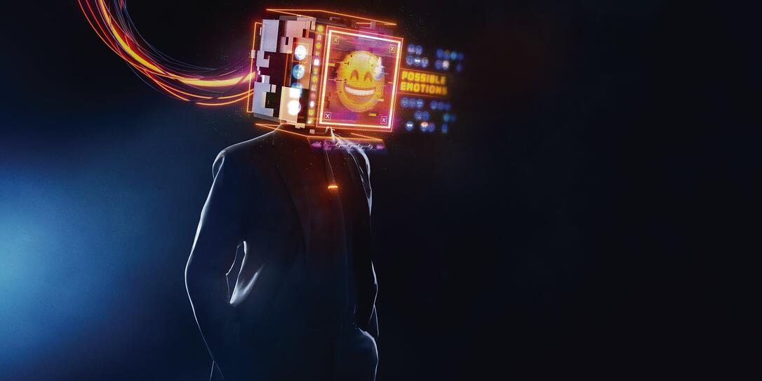 Businessman with smily emoji projection screen. 3D render futuristic concept Businessman with smily emoji projection screen. 3D render futuristic concept