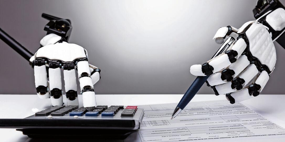 Robot Examining Financial Report With Calculator