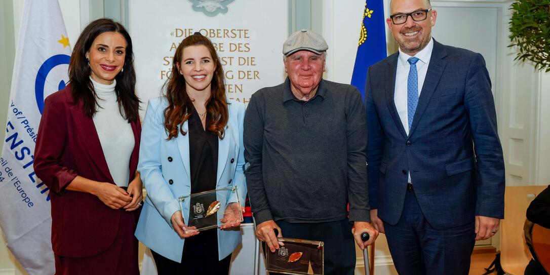 Sportministerin Dominique Hasler, Tina Weirather, Peter Frommelt und Regierungschef Daniel Risch
