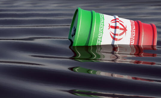 Oil drum with Iran national flag swimming in an ocean of black oil. 3D Rendering