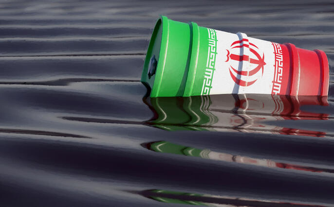 Oil drum with Iran national flag swimming in an ocean of black oil. 3D Rendering