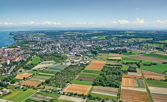 Aerial view of Lake Constance, agriculture near T&auml;gerwilen (Canton of Thurgau) in T&auml;germoos