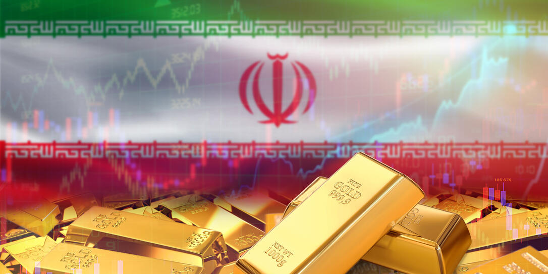 Gold bars on Iran flag in background. Gold bars stacked on Iranian flag. Concept of Iran gold reserves