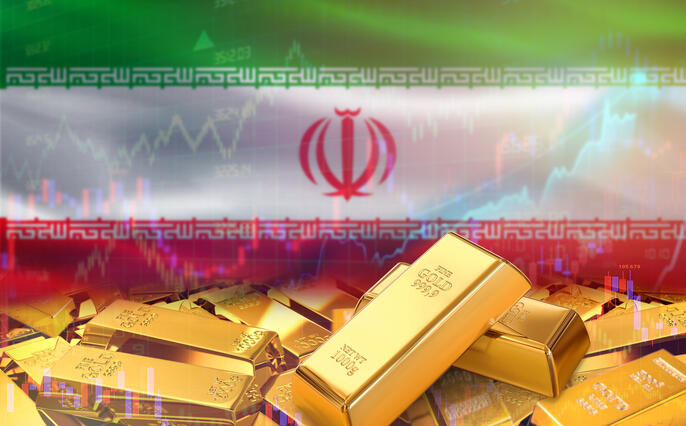Gold bars on Iran flag in background. Gold bars stacked on Iranian flag. Concept of Iran gold reserves