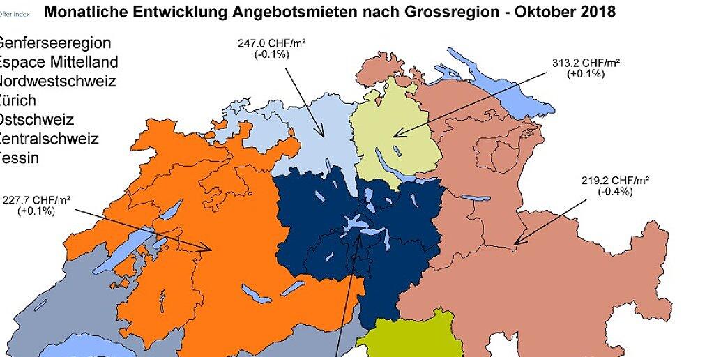In der Schweiz sind die Angebotsmieten im Oktober um ein halbes Prozent gesunken.