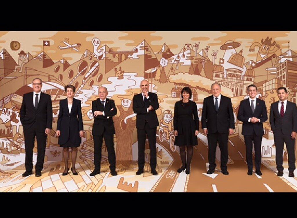 Das von MICHEL FR entworfene Hintergrundbild im neuen Bundesratsfoto soll die grosse Vielfalt der kleinen Schweiz aufzeigen.