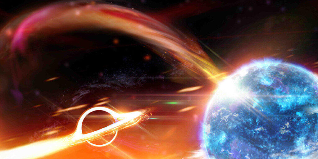 Ein Schwarzes Loch verschlingt einen Neutronenstern. (Computerillustration) Ein Schwarzes Loch verschlingt einen Neutronenstern. (Computerillustration)