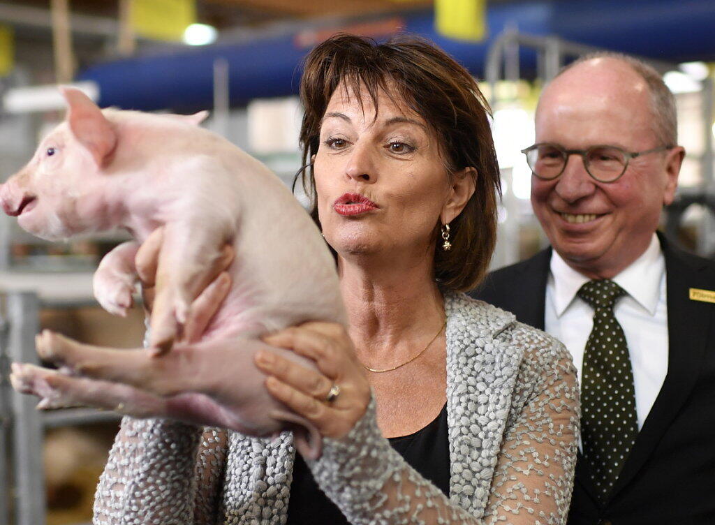 Das Säuli hatte keine Freude, dass es mit Bundespräsidentin Doris Leuthard posieren musste. Dies brachte Fredy Faessler, Regierungspräsident des Kantons St. Gallen, zum schmunzeln.