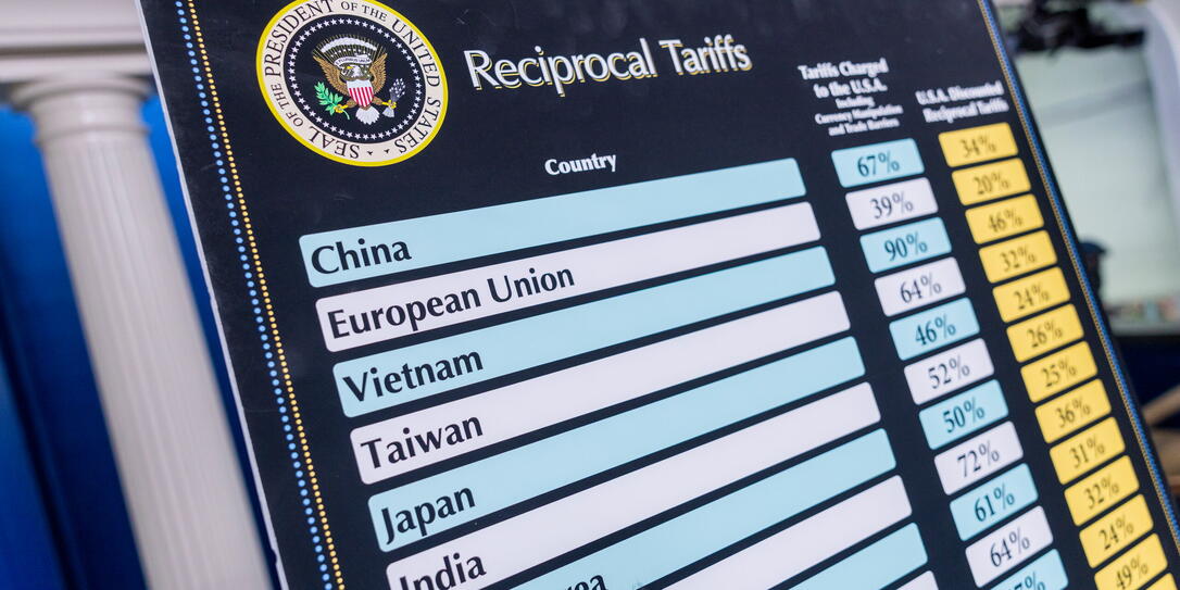 Charts in the White House's press room list tariffs President Trump levied
