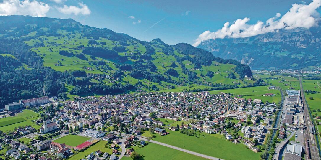 Aerial view around the downtown of the city Flums, St Gallen in switzerland
