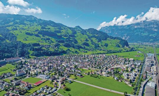 Aerial view around the downtown of the city Flums, St Gallen in switzerland