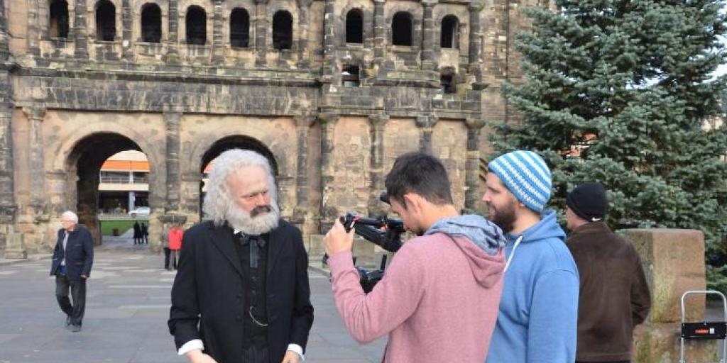 Dreharbeiten für den Trailer zum Karl-Marx-Jahr der Stadt Trier mit 300 Veranstaltungen. (Pressebild)