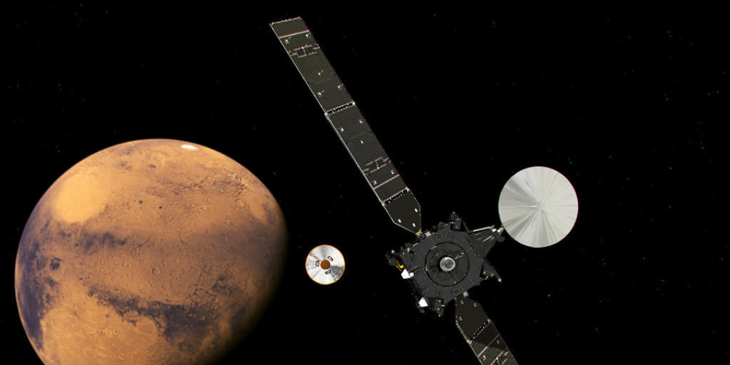 "Schiaparelli" vor der Explosion bei der Landung auf dem Mars - Abkoppelung von der Muttersonde. (künstlerische Darstellung durch die ESA) "Schiaparelli" vor der Explosion bei der Landung auf dem Mars - Abkoppelung von der Muttersonde. (künstlerische Darstellung durch die ESA)