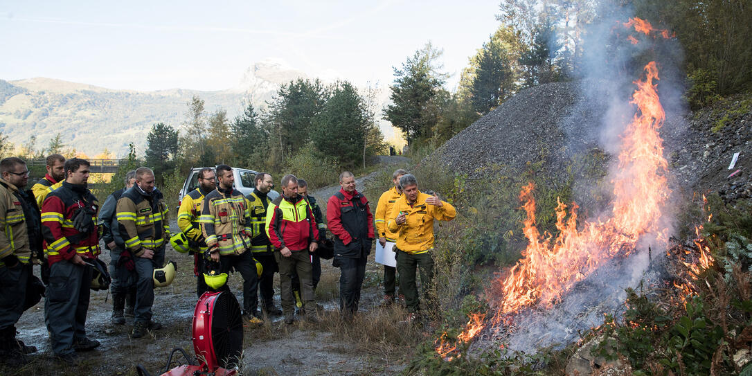 Die Feuerwehrmänner und Förster beobachten die Simulation. Experte Michael Sautter (r.) erklärt das Waldbrandverhalten.